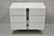 Contemporary Modern White Formica Chrome Trim 3 Drawer Chest Nightstand Table. Item features chrome trim and feet, white...