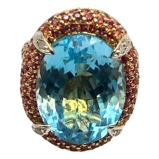 Bochic "Orient" Natural Ruby & Blue Topaz Ring Set In 18K Gold & Silver For Sale
