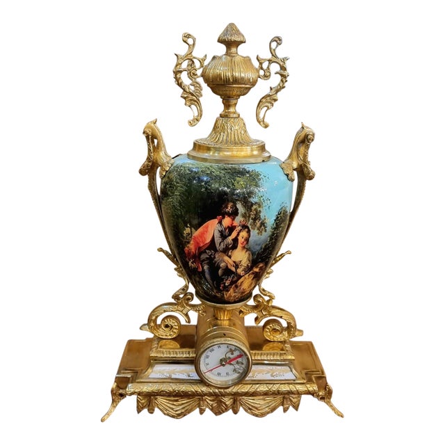 Louis XV Style Mantel Clock Set With Matching Porcelain Scenic Vases – 3 Piece Collection For Sale