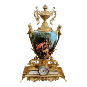 Louis XV Style Mantel Clock Set With Matching Porcelain Scenic Vases – 3 Piece Collection