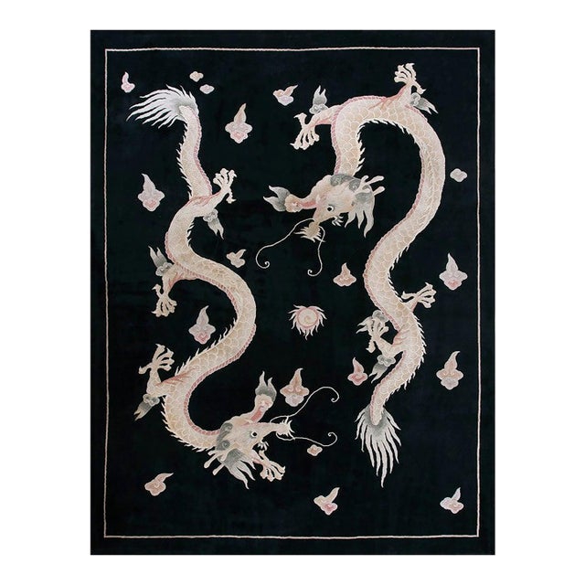 1980s Black Dragon Vintage Chinese Peking Rug 9'x 12' Handknotted Wool Carpet For Sale