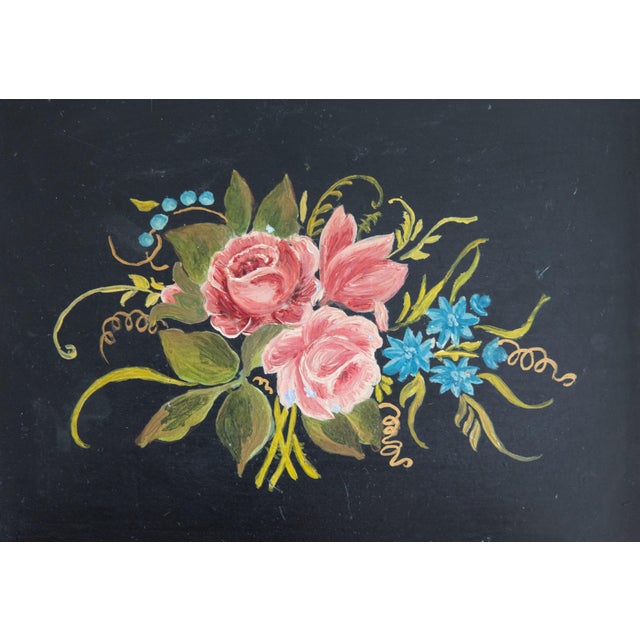 Vintage French Black Hand Painted Floral Gilt Tole Tray For Sale - Image 4 of 7