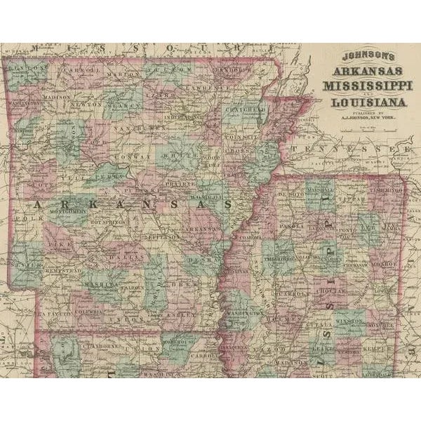 Antique Map of Arkansas, Mississippi and Louisiana by Johnson, 1872 For Sale - Image 3 of 5