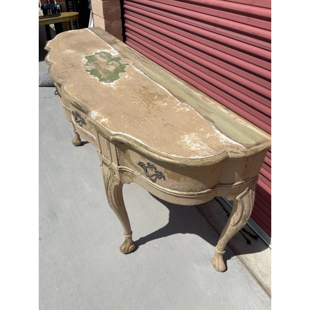 French Provincial Antique French Louis XV Style Distressed Scalloped Front Console Table For Sale - Image 3 of 13