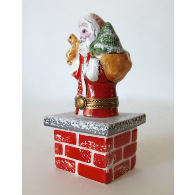 French Limoges, France, Hand-Painted Porcelain Santa Claus in Chimney Collector's Lidded Trinket Box For Sale - Image 3 of 12