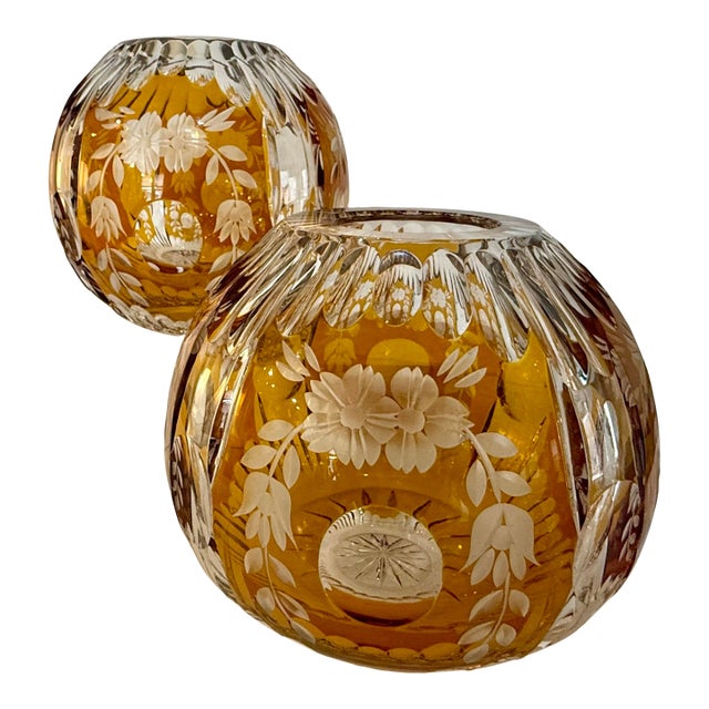 Pair of Vintage Huta Julia Poland Amber Cut-to-Clear Crystal Orb Bowls For Sale