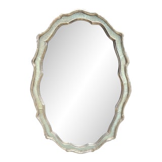 Large Cast Metal Oval Cartouche Mirror,, Silver-Gilt & Celedon For Sale