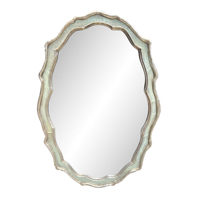 Large Cast Metal Oval Cartouche Mirror,, Silver-Gilt & Celedon For Sale