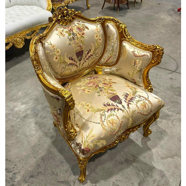 French Style Beige & White Bergère Wing Chair With Gold Leaf Details For Sale In Miami - Image 6 of 6