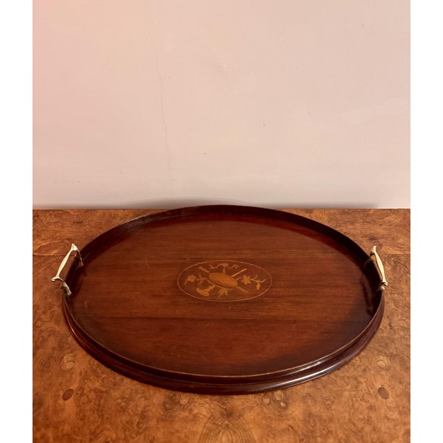 Antique Edwardian Oval Mahogany Inlaid Tea Tray, 1900s For Sale - Image 6 of 6