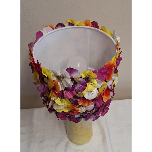 Textile Vintage Table Lamp with Yellow Patterned Ceramic Base and Handmade Pansy Lampshade from Lamplove, 1970s For Sale - Image 7 of 12