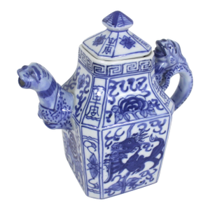 Vintage Chinese Qianlong Nian Zhi Porcelain Teapot Featuring a Dragon and Foo Dog