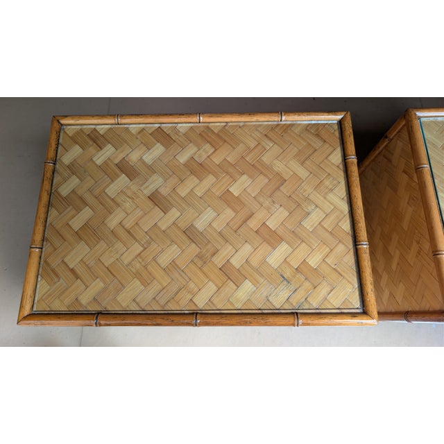 Vintage Faux Bamboo Pair of 2 Nightstands With Herringbone Parquet Rattan Fronts, in the Style of Dixie For Sale - Image 10 of 13