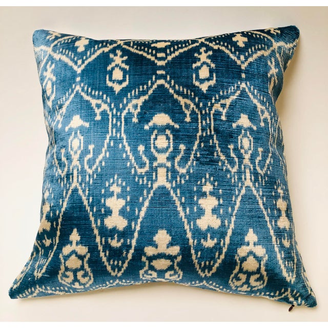 Mediterranean Silk Velvet Ikat Pillow Denim Blue Ivory For Sale - Image 3 of 3