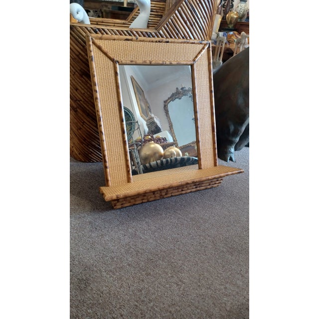 Vintage Woven Rattan and Bamboo Mirror With Shelf For Sale - Image 4 of 5