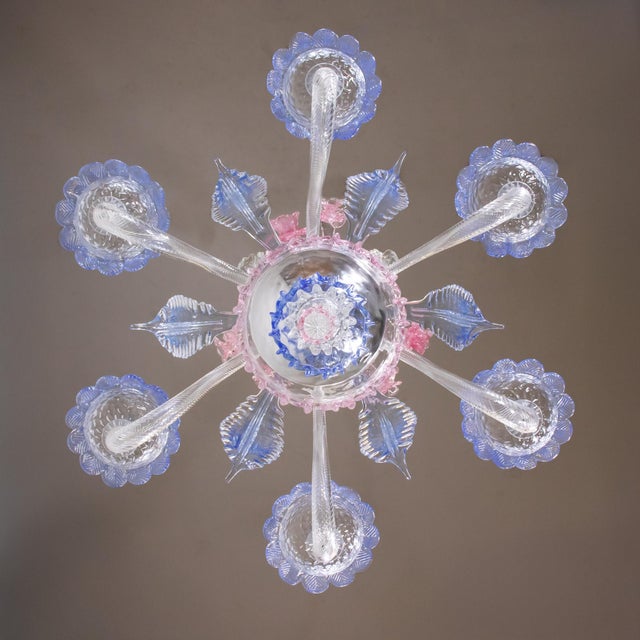 Vintage Baroque Style Pink and Blue Floral Murano Chandelier For Sale - Image 4 of 12