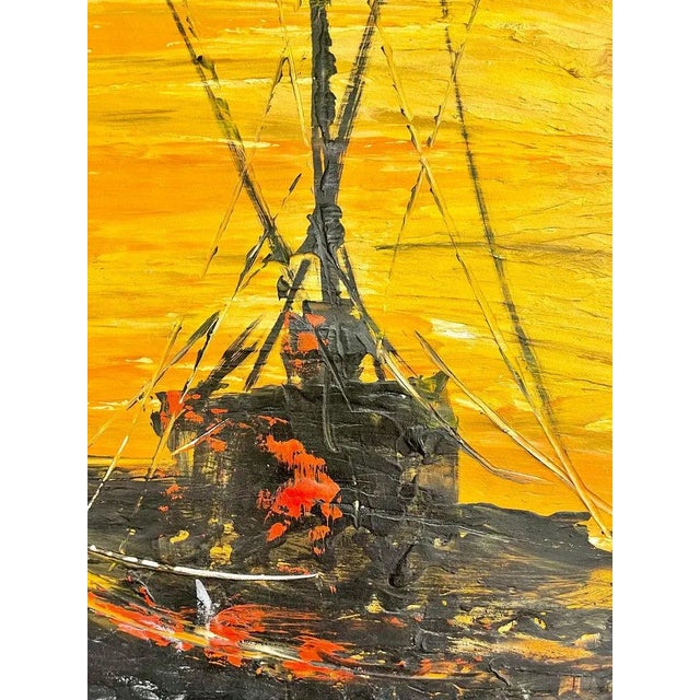 Yellow 1940s Nautical Oil Painting of Fishing Boats, Framed For Sale - Image 8 of 13
