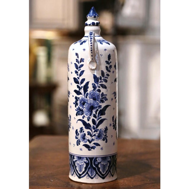 Mid-Century Dutch Blue and White Painted Faience Delft Olive Oil Bottle For Sale - Image 4 of 9