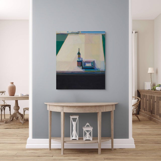 This artwork features a simplified, geometric composition centered around a bottle and a rectangular box, set against a...