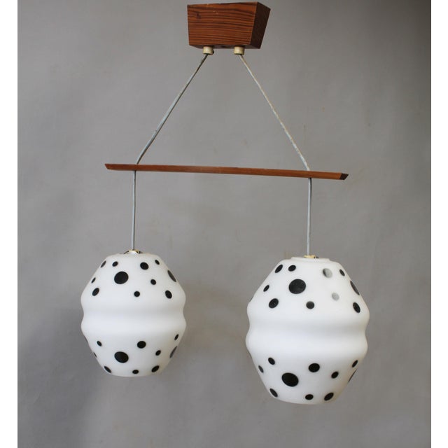 Vintage Czechoslovak Double Pendant Light in Spotted Opaline Glass and Wood, 1960s For Sale - Image 4 of 10