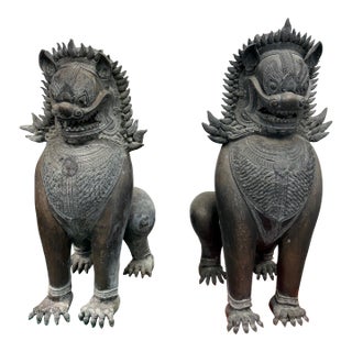 Vintage Singha Guardian Lion Sculptures, Set of Two For Sale