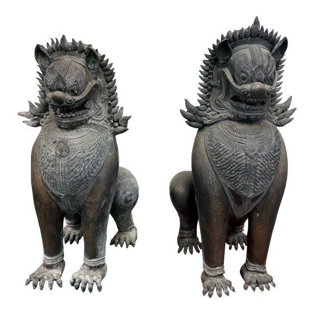 Vintage Singha Guardian Lion Sculptures, Set of Two For Sale