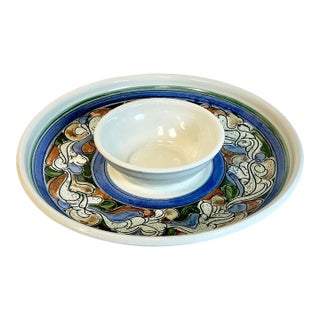 1980s Vintage Folk Arts & Craft Pottery Studio Chip and Dip, Artist Signed. For Sale