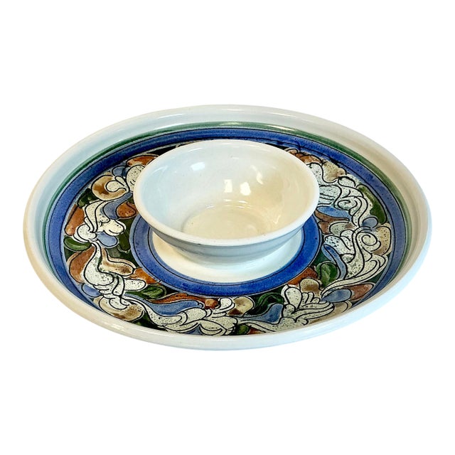 1980s Vintage Folk Arts & Craft Pottery Studio Chip and Dip, Artist Signed. For Sale