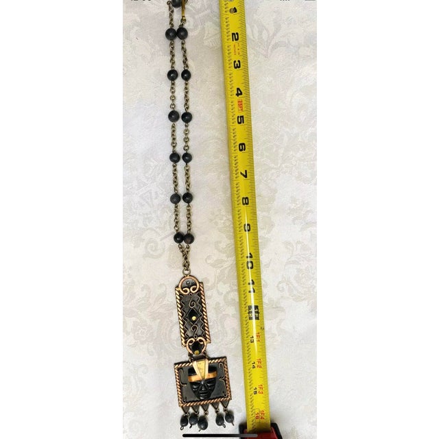 Copper 1950s Mid Century Vintage Hand Made Copper Brass Onyx Mayan Aztec Necklace For Sale - Image 8 of 9