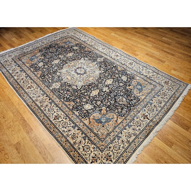 Cream Vintage Room Size Persian Nain Rug, Handwoven Floral Pattern With Silk Highlights, Navy & Ivory , 9’ X 13’ For Sale - Image 8 of 12