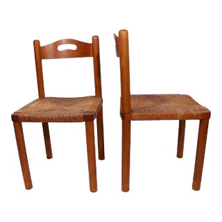Pr. Rustic Modern Rush Seat Side Chairs Made in Italy C 1970's After Perriand Magistretti For Sale