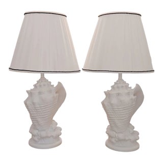 Pair of 1980s Coastal White Seashell Table Lamps For Sale