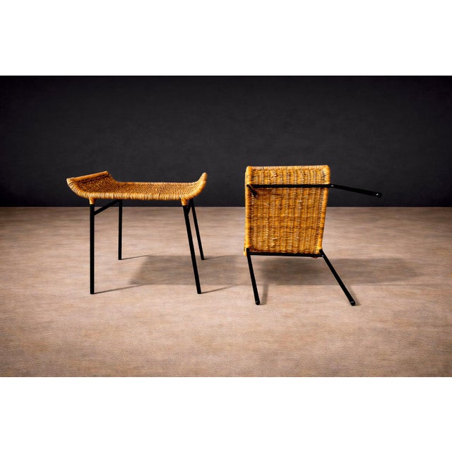 Set of Two Armchairs With Stools in Cane & Iron, Carlo Hauner, 1950s For Sale In New York - Image 6 of 16