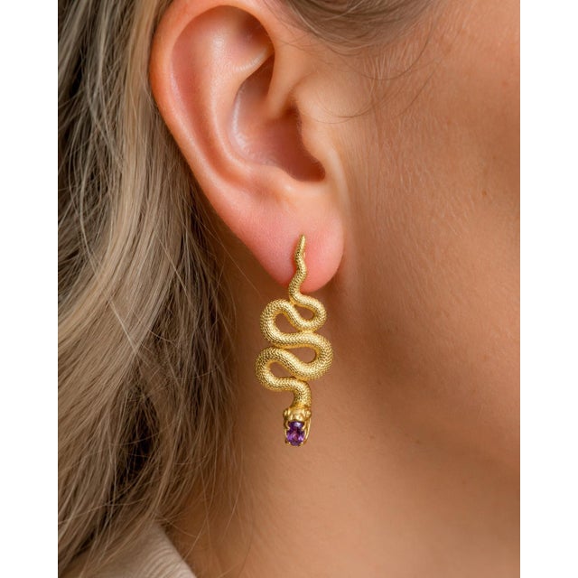 Massive Snake Earrings With Amethysts in Opened Mouth, Pair For Sale - Image 6 of 7