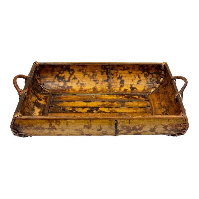 Vintage Burnt Tortoise Shell Rattan Basket Tray For Sale