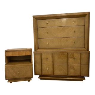 American of Martinsville Mid-Century Modern Chevron Highboy & Nightstand Set For Sale