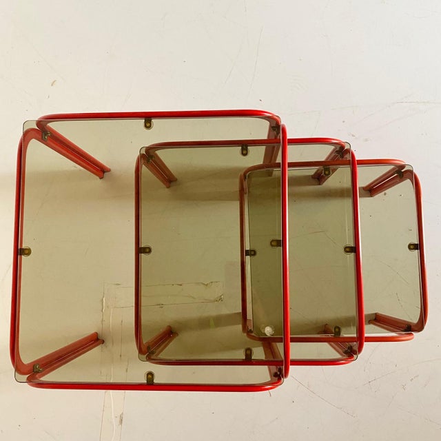 Vintage Italian Nesting Tables with Red Iron Frame & Smoked Glass, 1970s, Set of 3 For Sale - Image 6 of 10