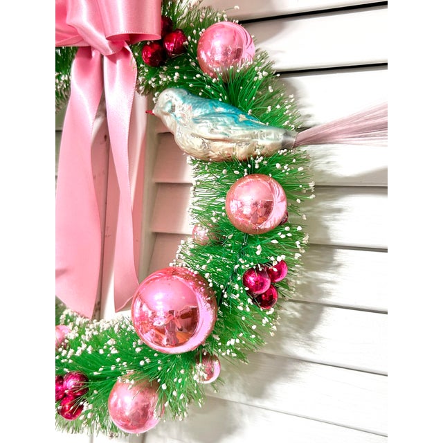 One-of-a-Kind Christmas Wreath With Vintage Mercury Glass Birds & Pink Ornaments For Sale - Image 4 of 7