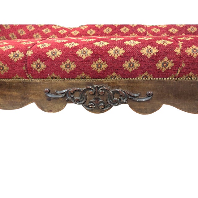 Wood Three-Seater Sofa in Italian Walnut and Red Fabric For Sale - Image 7 of 8