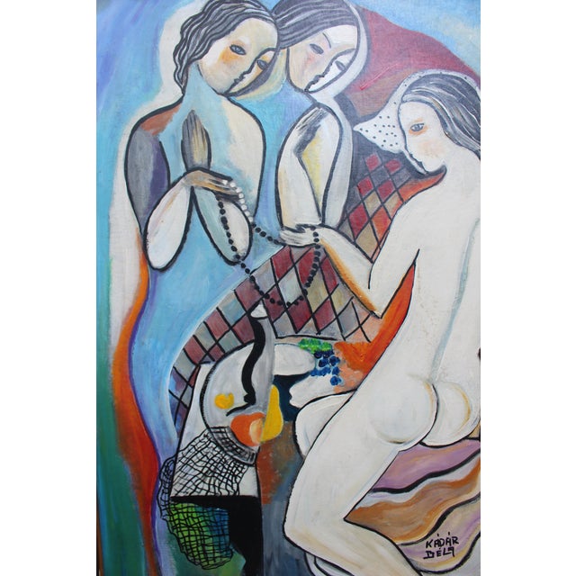 Modernist Hungarian Style Oil Painting Three Graces Homage to Béla Kádár (Framed) For Sale - Image 6 of 8