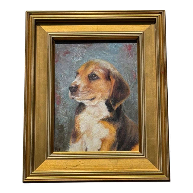 Contemporary Gold Wood Framed Oil on Board Portrait ÄúBeagle PuppyÄù Artist Signed Pm For Sale