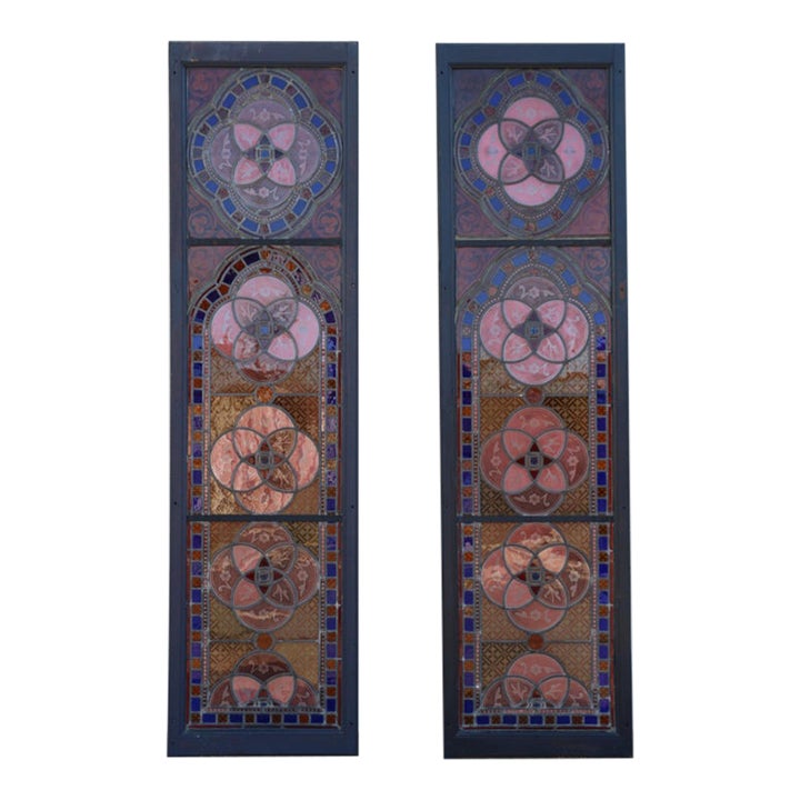 Antique Victorian Gothic Hand-Painted Stained Glass Windows in Wood ...
