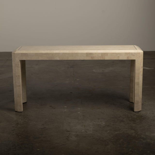 Authentic 1980s Tessellated Travertine Marble Console Table. A great example of the artisan-made, unique and modern luxury...