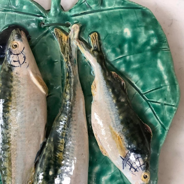 Majolica Palissy Fishs Wall Renoleau Platter Circa 1900. 3 fishs and mussels.
