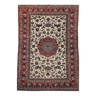 Vintage Persian Isfahan Rug, Handwoven Floral Pattern, Ivory & Red, 7’ X 11’ For Sale