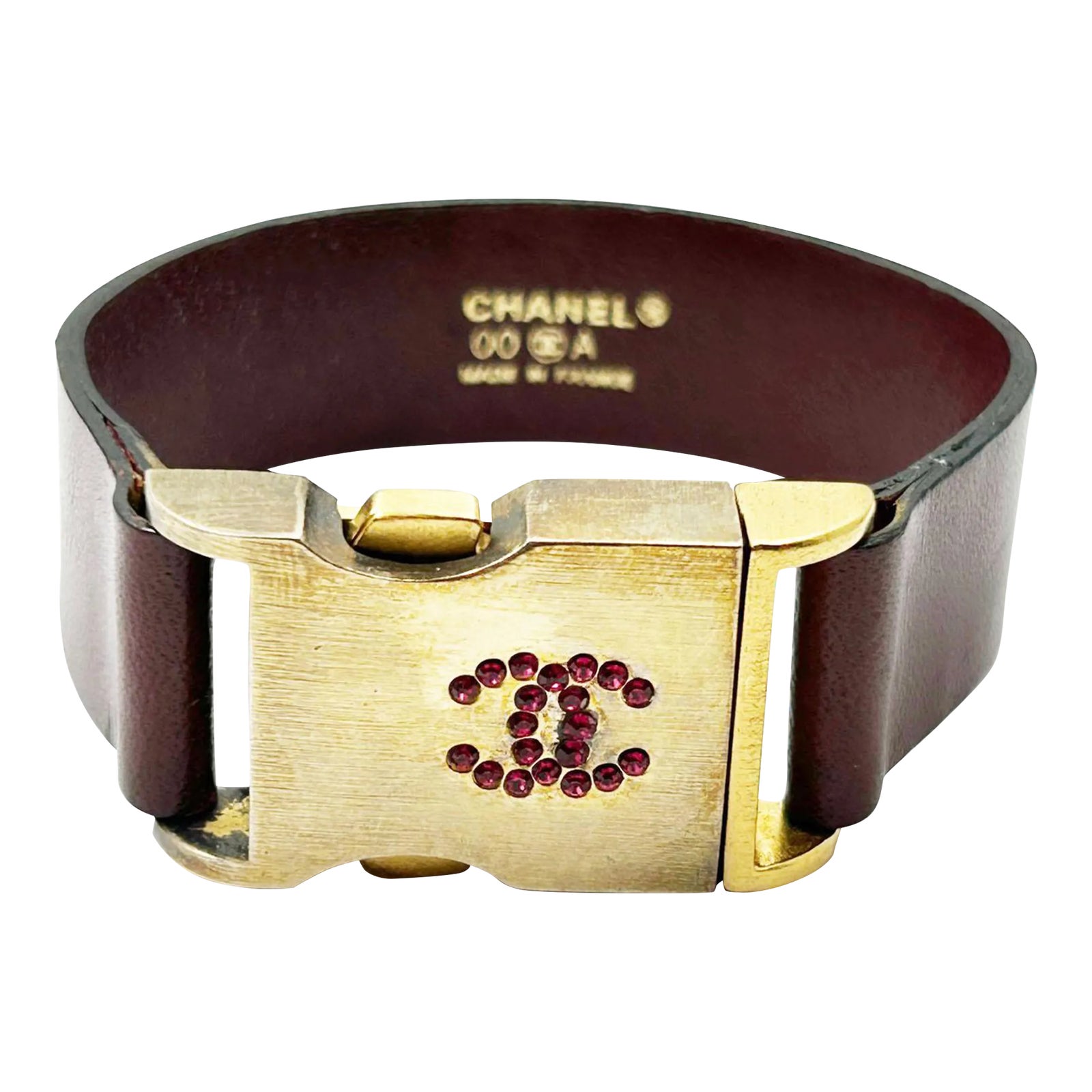 Vintage Chanel Red Crystal Gold Buckle Leather Belt Bracelet