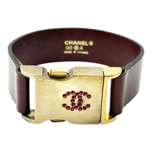 Vintage Chanel Red Crystal Gold Buckle Leather Belt Bracelet