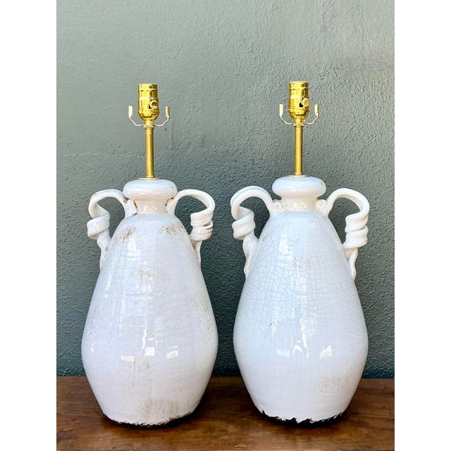 Vintage Crackle Glaze Ceramic Lamps - a Pair For Sale - Image 9 of 12