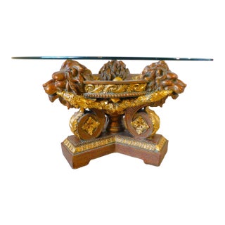 Vintage Gold Ornate Sculptural Lion Head Round Glass Top Coffee Table For Sale