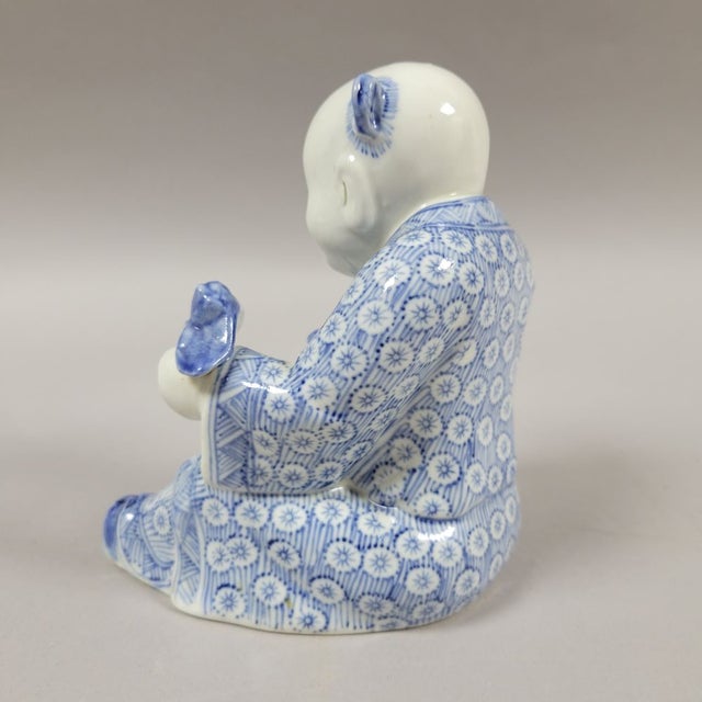 Chinese Blue & White Porcelain Seated Boy Figurine, 1980s For Sale - Image 4 of 9